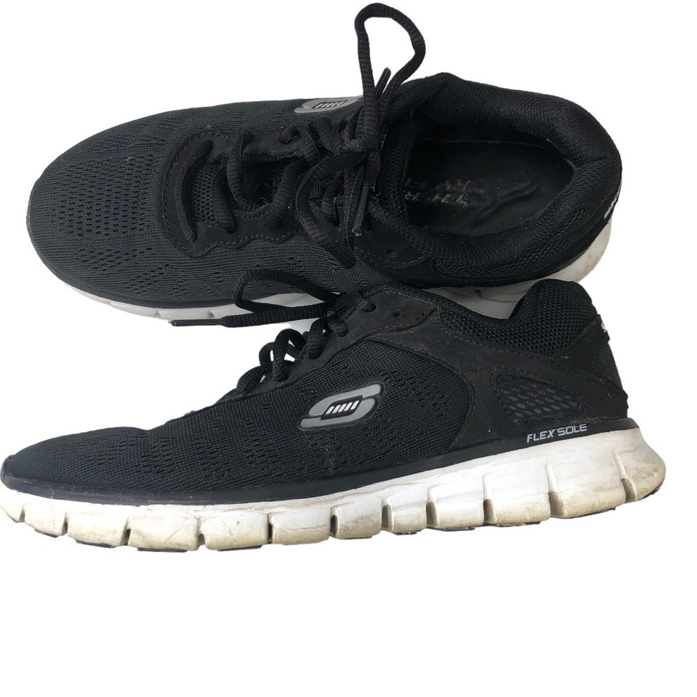 Skechers Knit Flex Sole Sneakers Women's Sz 7 Black Silver Lace Up Running